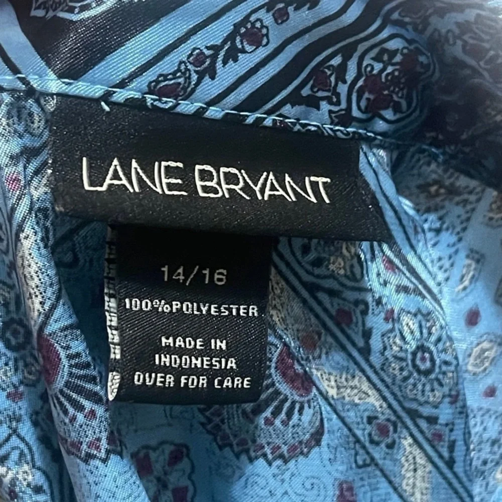 Lane Bryant Satin Popover Tunic Top Size 14 /16Blue Paisley Peasant Flare Sleeve - Picture 5 of 10